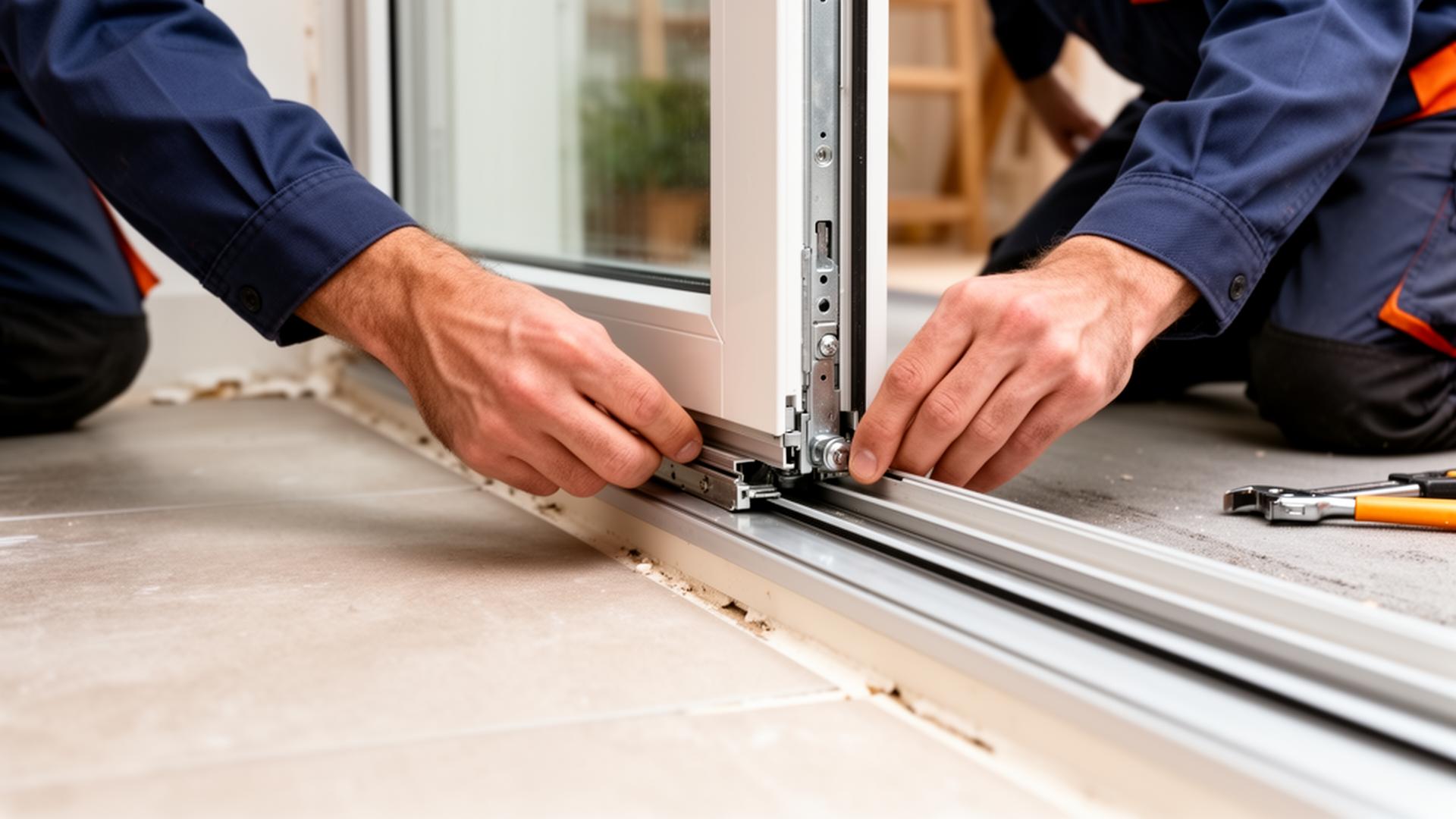 Schuifpui reparatie specialist aan het werk aan een aluminium schuifpui